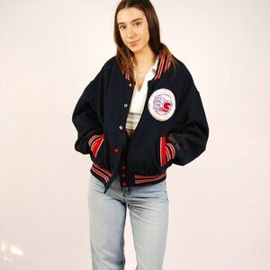 80s Letterman Jacket (L) large navy blue red vintage mens Spokane WA hockey coat